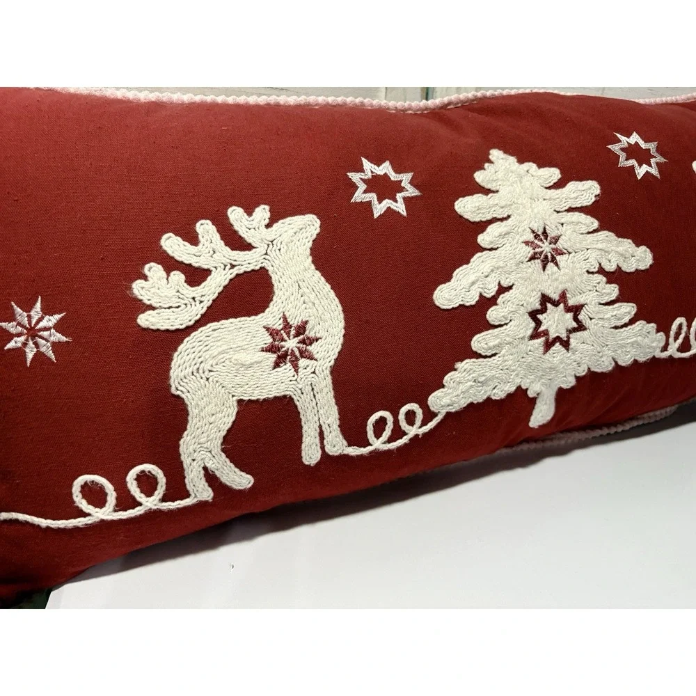 Secret Celebrity Christmas Tree Reindeers Red White Embroidered 14x32 Pillow